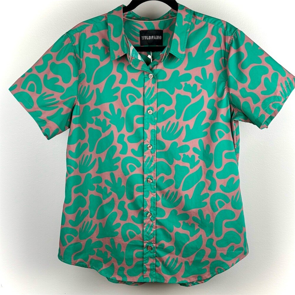 Wildfang The Essential Button-Up Shirt Womens Green Pink Abstract - Picture 3 of 7